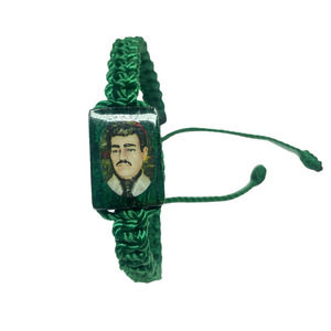 Jesus Malverde Knotted Green Rope Bracelet Handmade Adjustable Wood Charm NEW